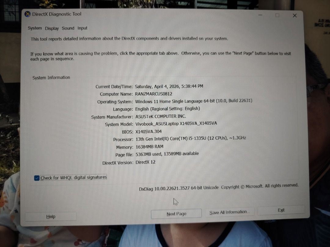 ASUS Vivobook 13th Gen Intel i5 Laptop (Category: Laptops & Notebooks) located in Quezon City. Submitted by boyrestart (Listing ID 1431710039, Image 2). Description: - ASUS Vivobook Laptop - Intel Core i5 Processor - 16GB RAM - Windows 11 Home - 13th Gen Intel Core i5-1335U Processor - Beautiful screen display - Includes original box - Slightly negotiable. - Acquired 4 months ago .