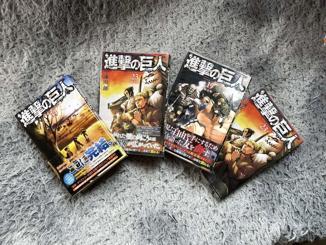 Attack on Titan Mangas Take All (Category: Comics & Manga) located in Calasiao. Submitted by luvsha._ (Listing ID 1431708559, Image 1). Description: - Attack on Titan Japanese manga volumes for sale: 34, 19, and 23. - Japanese editions. - Volume 23 is a limited edition. - Images show front, spine, and back of the manga..