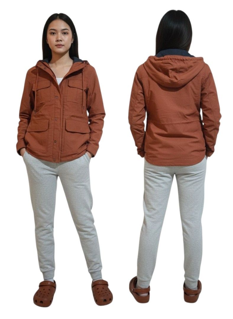 BALENO RUST COLOR Hooded Jacket with Pockets waterproof (Category: Coats, Jackets and Outerwear) located in Bacoor. Submitted by sharotto (Listing ID 1431723827, Image 1). Description: - rust in color hooded jacket - Multiple front pockets - Button-up closure - Long sleeves - Durable fabric - Relaxed fit - Neutral color - Suitable for casual wear unisex small if men large for women no issue location: Molino 3, bacoor Cavite mode of payment: gcash