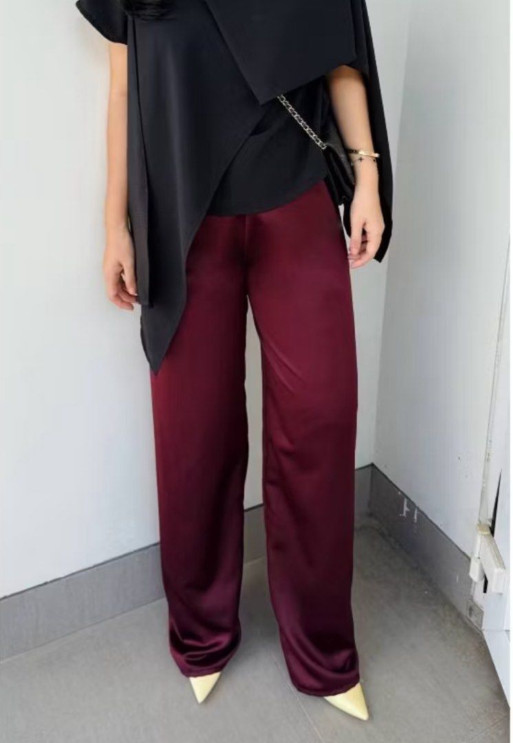 Burgundy Satin Straight Leg Pants (Category: Other Bottoms) located in Quezon City. Submitted by samxg (Listing ID 1431666919, Image 1). Description: Never worn, stretchable fits 25-29 :) perf for date nights or formal events! .