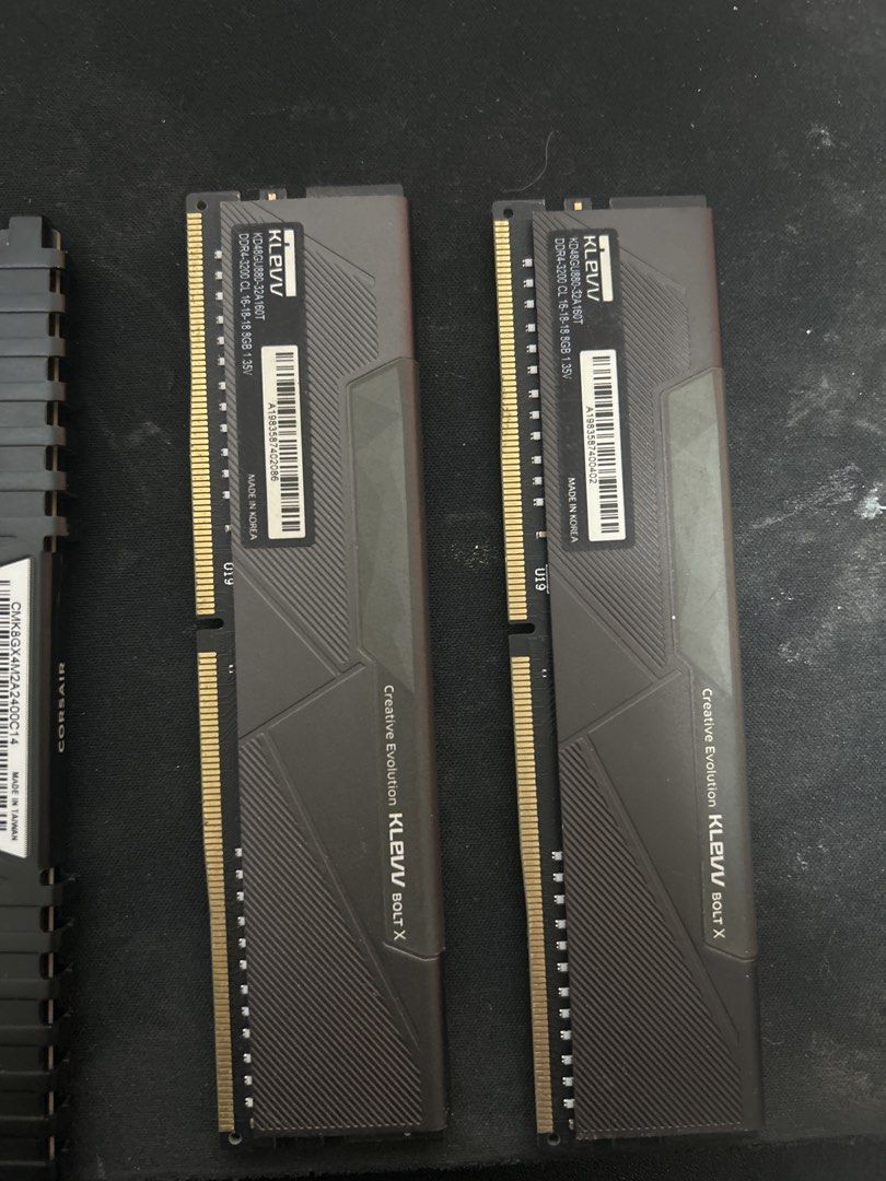 Corsair and KLEVV DDR4 RAM (Category: Computer Parts) located in Taguig. Submitted by kxx_closet (Listing ID 1431770861, Image 3). Description: - Corsair RAM 16gb (2x8gb) - 3200MHz - 1.35V - Model: CMK16GX4M2B3200C16 - KLEVV RAM: Creative Evolution BOLT X 8gb (2x4gb) - 2400mhz - Quantity: Please inquire for details..