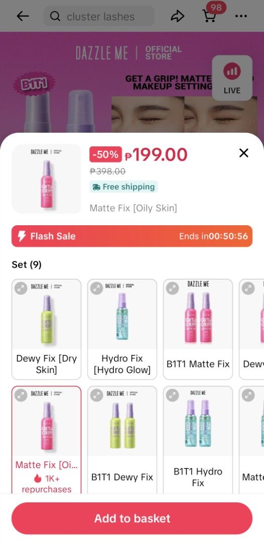Dazzle Me Get a Grip! Matte Fix (Category: Makeup) located in Manila. Submitted by gailfuego (Listing ID 1431781826, Image 2). Description: - Dazzle Me Get a Grip! Matte Fix Setting Spray - Specifically designed for oily skin - Sets your makeup for long-lasting wear - Provides a flawless matte finish - Comes in a stylish pink bottle with a purple spray nozzle - Sealed Brand New Not Used - Extra lang.