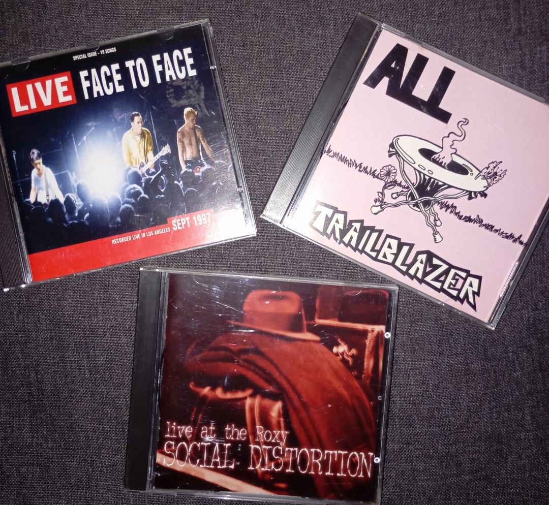Face to Face, ALL, Social Distortion CDs (Category: CDs & DVDs) located in Calamba. Submitted by householdistro (Listing ID 1431605363, Image 1). Description: - Face to Face (Live) CD - September 1997 special issue - ALL (Trailblazer) CD - Social Distortion (Live at the Roxy) CD - Great for punk rock fans! - Classic albums for your collection!.