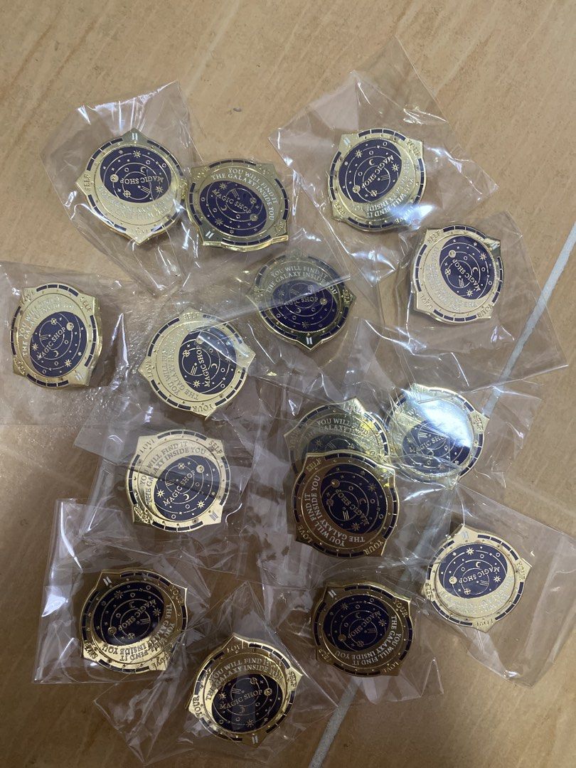Fanmade Magic Shop BTS Enamel (Category: K-Wave Merchandise) located in Paranaque City. Submitted by ceerca (Listing ID 1431583427, Image 1). Description: - Fanmade enamel pin (Grade A-B) - Gold-plated design with blue center - Comes in plastic packaging - price per piece, can be negod if getting all.