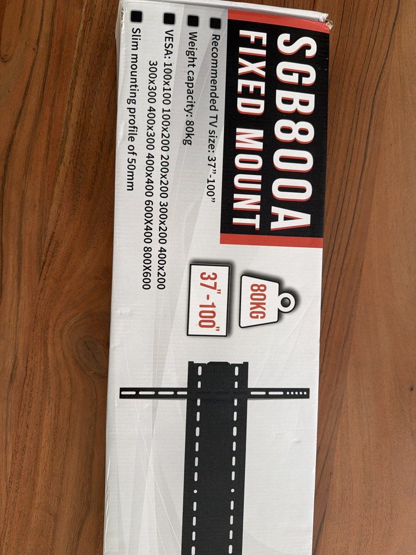 Fixed Mount. (Category: TV Parts & Accessories) located in Singapore. Submitted by trooprz (Listing ID 1431647597, Image 1). Description: TV fixed Mount Model: SGB800A Weight Capacity: 80KG TV sized: 37inch - 100 inch.