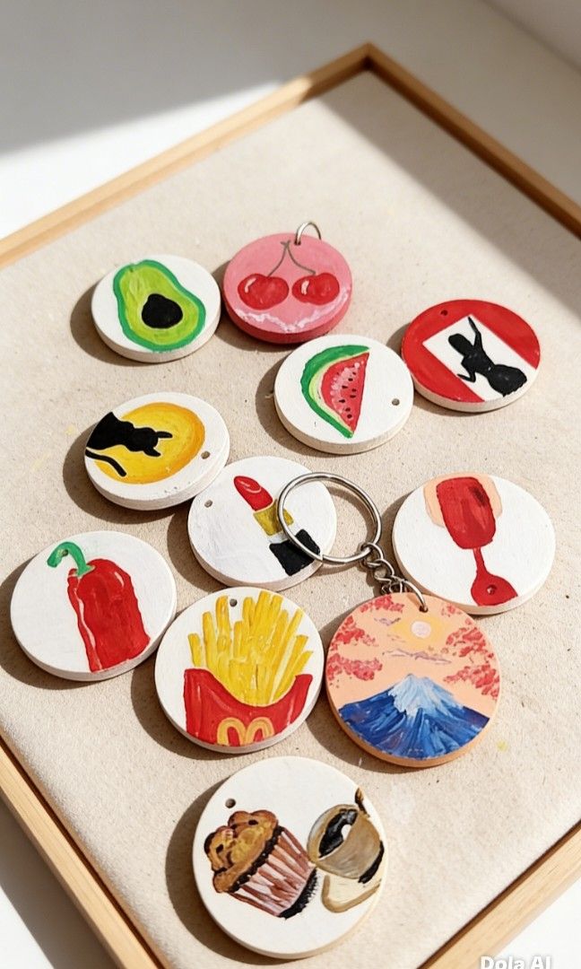 Hand-painted Food and Scenery Keychains (Category: Handmade Craft) located in Cavite. Submitted by joycreates (Listing ID 1431788467, Image 2). Description: - Hand-painted wooden keychains - Features food items (avocado, cherries, etc.) and scenery (mountains) - Round shape with colorful designs - Perfect for keys or bags -Perfect for gifts and giveaways.