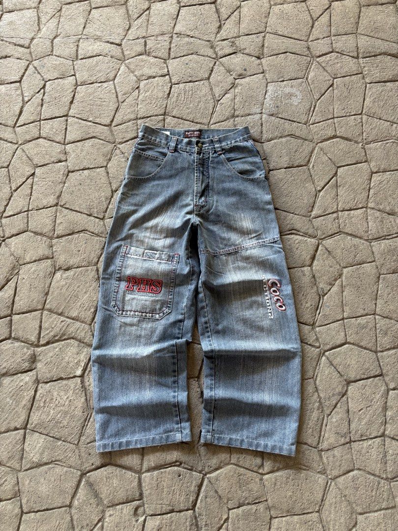 Happy Hope Jeans Wear - Medium (Category: Jeans) located in General Santos City (Dadiangas). Submitted by andrei_ciocon (Listing ID 1431668405, Image 2). Description: - Happy Hope Jeans Wear jeans - Size: Medium - Light blue wash - Red stitching details - Embroidered logos on pockets - Relaxed fit - Button closure - Front and back pockets - Straight leg opening.