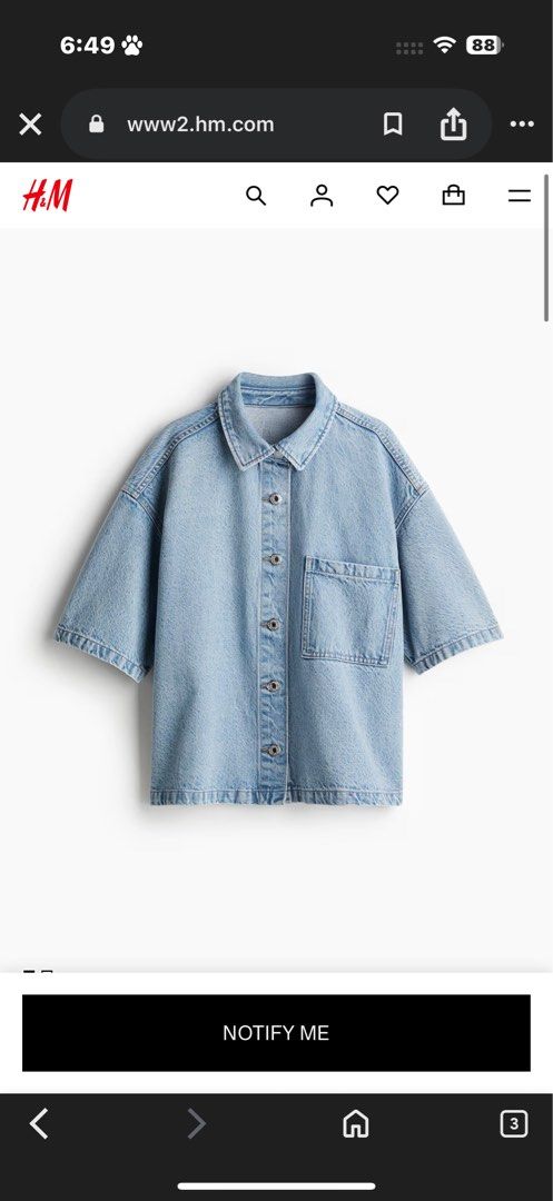 H&M Denim Short Sleeve Shirt (Category: Shirts) located in Pasig City. Submitted by jasalec (Listing ID 1431697517, Image 1). Description: - H&M denim shirt - Light blue wash - Short sleeves - Relaxed fit - Classic collar and button-down closure - Single chest pocket - Versatile for layering or wearing alone Original price is 1490. Selling it for 1200 since I only wear this once on hk. .