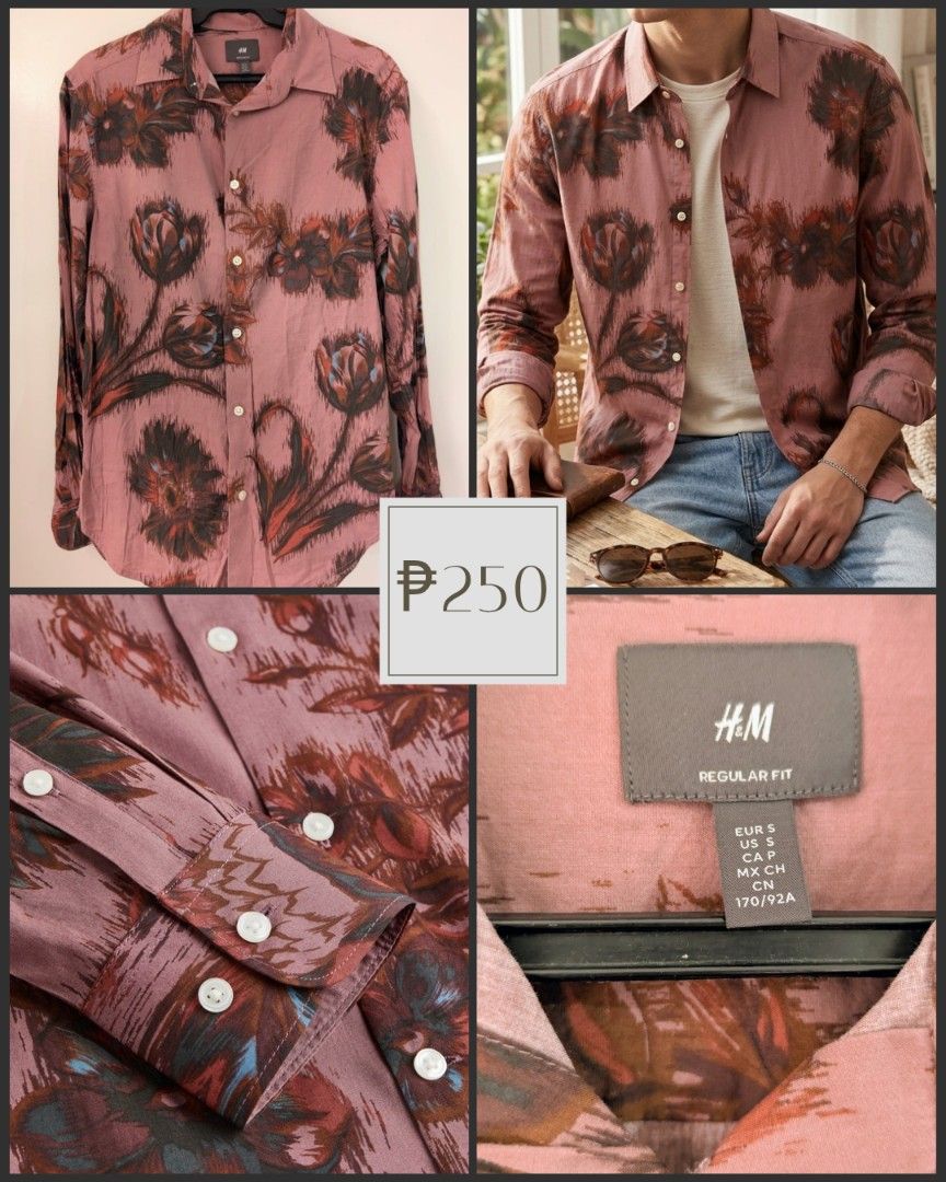 H&M Floral Print Shirt (Category: Shirts) located in Pateros City. Submitted by Sparkle111 (Listing ID 1431588049, Image 1). Description: - Preloved, lightly worn - H&M floral print shirt - Size: S - Color: Dusty rose - Features: Long sleeves, regular fit, button-down.