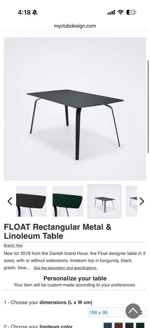 Houe Float Rectangular Metal & Linoleum Table (Category: Tables & Sets) located in Singapore. Submitted by nicky9701 (Listing ID 1431663291, Image 2). Description: - Custom-made Houe Float designer table - Features a rectangular metal frame - Black powder coated metal legs - Linoleum top - Dimensions: L208 x D95 x H74cm (black color) Easily sit up to 8 pax, Very well maintained comes with an additional table mat that we custom made to protect it 