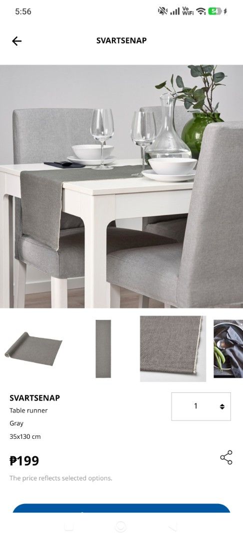 IKEA SVARTSENAP Table Runner Gray (Category: Table Linen & Textiles) located in Valenzuela. Submitted by thedancingmoose (Listing ID 1431685169, Image 2). Description: IKEA SVARTSENAP Table Runner Color: Gray | Dimensions: 35x130 cm Can pass as brand new. Washed once to remove factory smell. Tags were cut for a cleaner look. RFS: Extras 🍻 Delivery Mode via Lalamove or Alike Only or Pickup if you're near my Area (Polo, Valenzuela) 🛵.