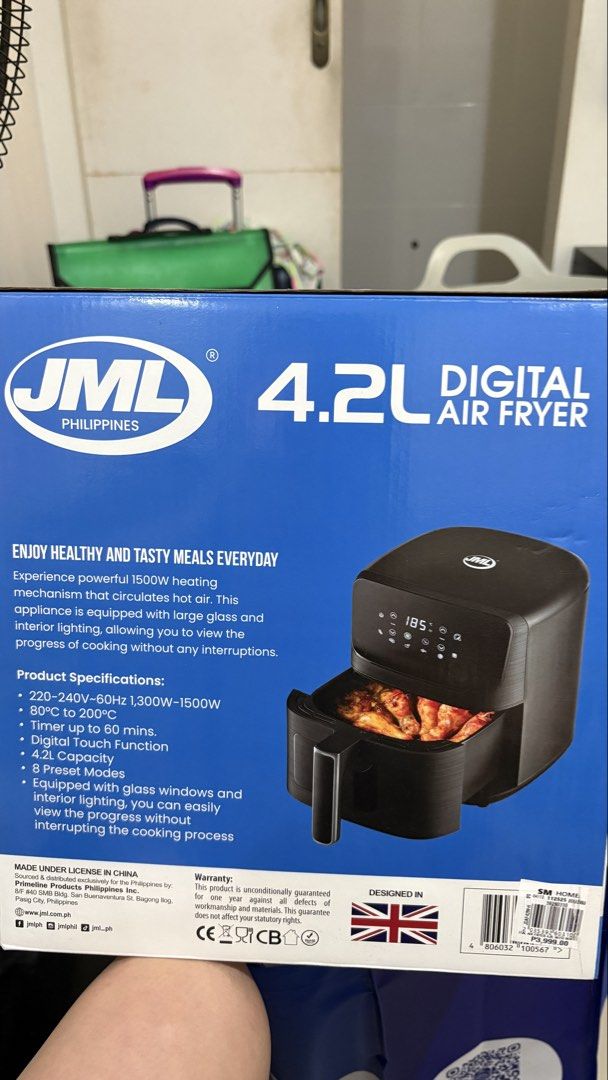 JML 4.2L Digital Air Fryer (Category: Fryers) located in Antipolo. Submitted by msjavier (Listing ID 1431628172, Image 3). Description: - JML 4.2L Digital Air Fryer - 1500W heating - Touch screen control - See-through glass window - 8 preset cooking modes - Timer up to 60 minutes - Includes non-stick pan, rack, and recipe book - Temperature range: 80°C - 200°C.
