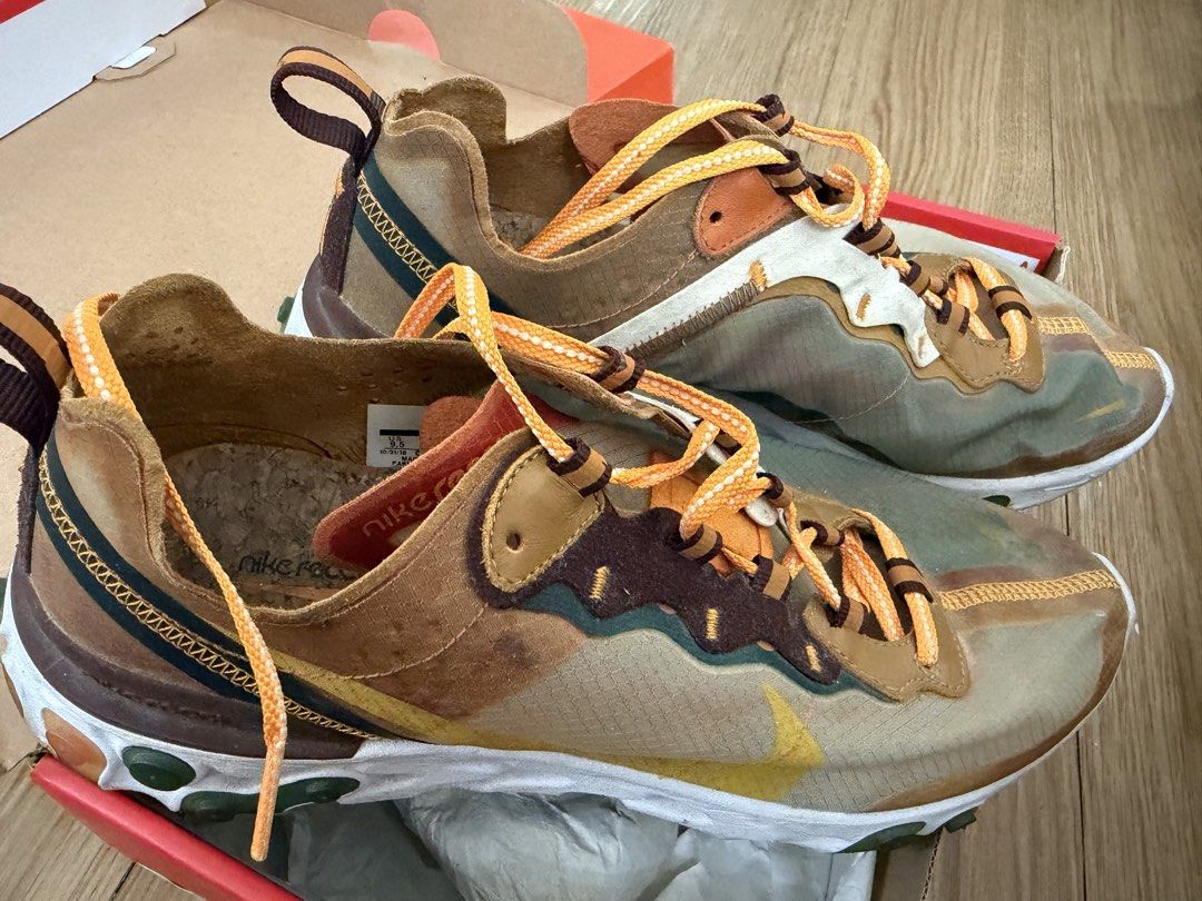 Nike React Element 87 (Category: Sneakers) located in Taguig. Submitted by nathan.natividad (Listing ID 1431608167, Image 3). Description: - Nike React Element 87 - Pale Ivory/Orange Peel (often referred to as “Desert Sand”) -Size: UK 8.5 / EUR 43 / CM 27.5 - A see-through mesh upper designed for breathability, a unique cork insole for comfort, and a trail-style lacing system - Never work for commute .