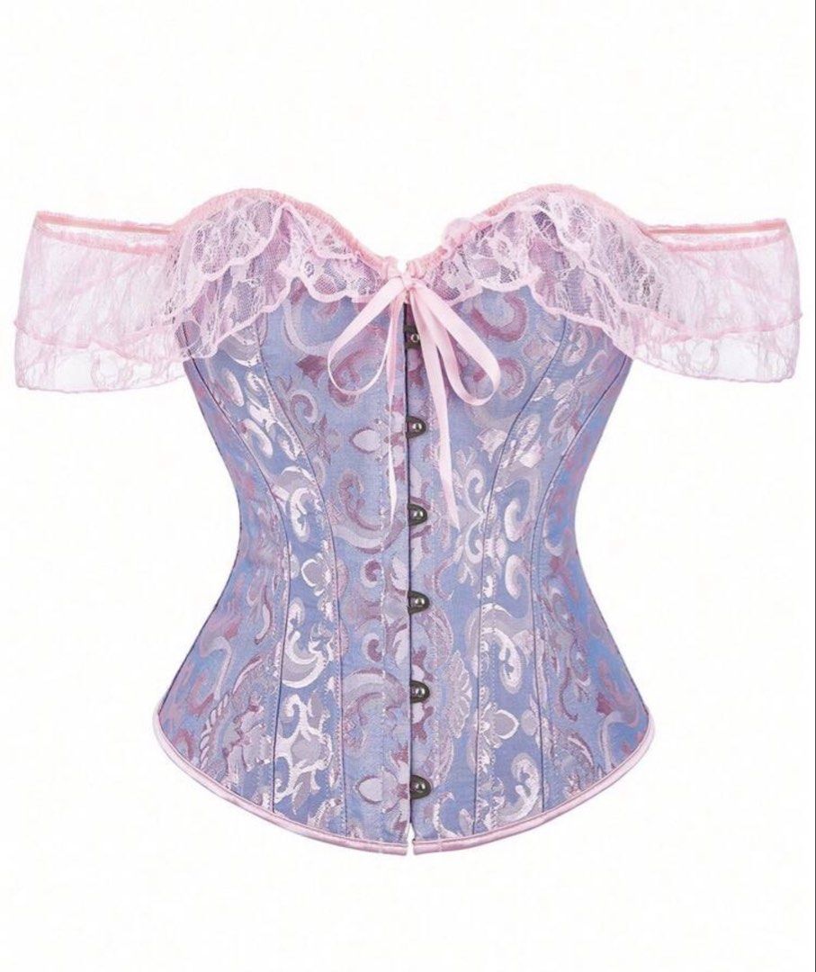 Off-Shoulder Corset Top with Lace (Category: Others Tops) located in Makati City. Submitted by definehipster (Listing ID 1431775623, Image 1). Description: - Size small -Never been used -originally bought for 1k+ for an event -Elegant off-shoulder corset top - Beautiful floral pattern (purple & pink) - Delicate pink lace trim - Front button closure - Ribbon tie detail (front & back) - Adjustable fit - Perfect for special occasions.