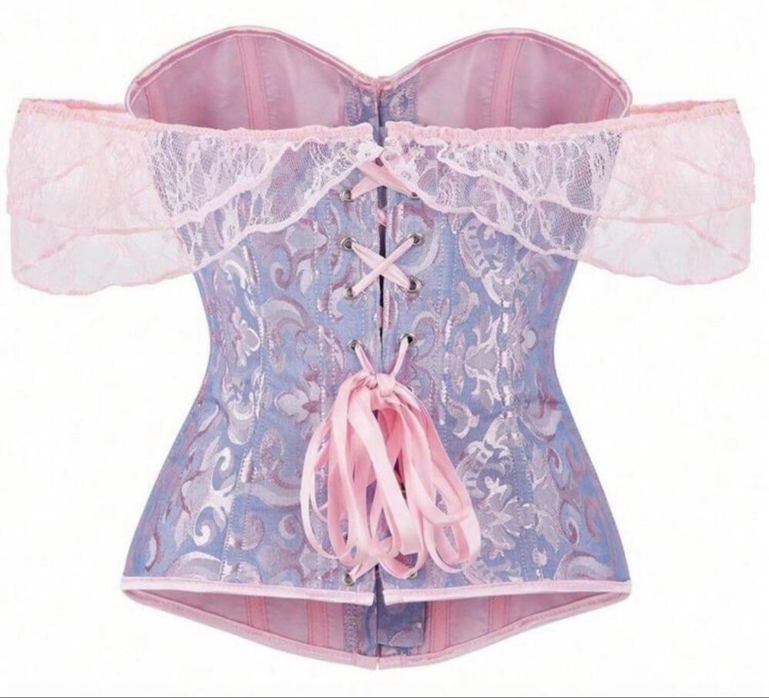 Off-Shoulder Corset Top with Lace (Category: Others Tops) located in Makati City. Submitted by definehipster (Listing ID 1431775623, Image 2). Description: - Size small -Never been used -originally bought for 1k+ for an event -Elegant off-shoulder corset top - Beautiful floral pattern (purple & pink) - Delicate pink lace trim - Front button closure - Ribbon tie detail (front & back) - Adjustable fit - Perfect for special occasions.