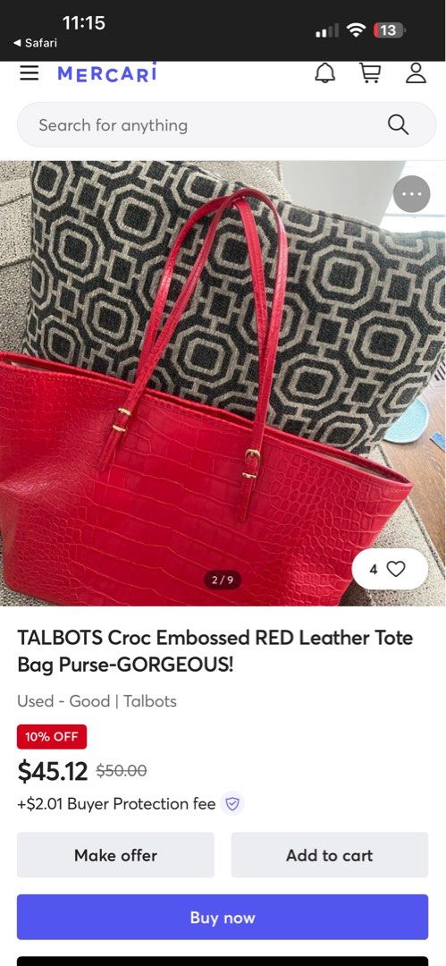Talbots Red Croc Leather Bag (Category: Tote Bags) located in Quezon City. Submitted by adc2011 (Listing ID 1431752355, Image 2). Description: - Red tote bag - Crocodile-like texture - Gold-colored buckles - Two handles - Spacious interior - Elegant and simple design - Ideal for everyday essentials.