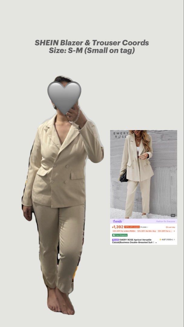 SHEIN Blazer & Trouser Coords - S-M (Category: Sets or Coordinates) located in Makati City. Submitted by denteetha (Listing ID 1431609029, Image 2). Description: - SHEIN blazer and trouser set - Includes double-breasted blazer and trousers - Size: S-M (small size tag) - Color: Beige/Apricot - Versatile for various occasions - Perfect for a chic, coordinated look.