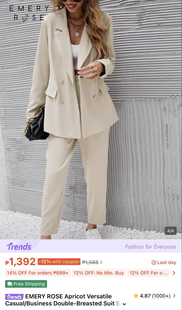 SHEIN Blazer & Trouser Coords - S-M (Category: Sets or Coordinates) located in Makati City. Submitted by denteetha (Listing ID 1431609029, Image 3). Description: - SHEIN blazer and trouser set - Includes double-breasted blazer and trousers - Size: S-M (small size tag) - Color: Beige/Apricot - Versatile for various occasions - Perfect for a chic, coordinated look.