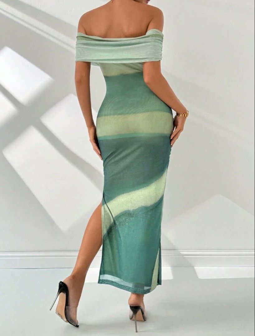 Gradient Print Off Shoulder Slit Bodycon Dress (Category: Dresses) located in Quezon City. Submitted by aesells (Listing ID 1431717739, Image 3). Description: - Size Large (see last photo for measurements) - Like new / Fitted only - Loc: Quezon City .