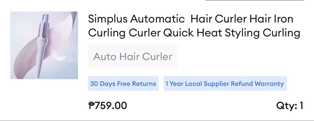 Simplus Automatic Hair Curler (Category: Hair) located in Quezon City. Submitted by angelalg. (Listing ID 1431676599, Image 2). Description: - Brand new Simplus Automatic Hair Curler - Color: White with purple interior - Comes with original white box RFS: only used twice for an event payment method: gotyme/maya/bdo delivery fee to be shouldered by buyer location: Eastwood,QC.