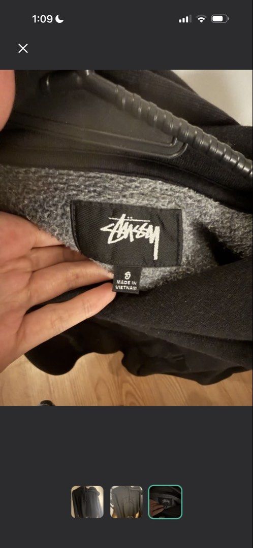 Stussy Hoodie (Category: Hoodies) located in Binan City. Submitted by twobananas (Listing ID 1431657287, Image 3). Description: - Black Stussy hoodie - Size: S - Made in Vietnam - Features the iconic Stussy logo - Drawstring hood - Front pocket.
