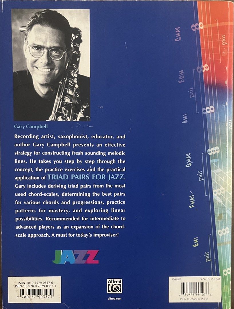 Triad Pairs for Jazz by Gary Campbell (Category: Musical Instruments) located in Manila. Submitted by datanotions (Listing ID 1431699087, Image 2). Description: - "Triad Pairs for Jazz" by Gary Campbell - Designed for jazz improvisers - Includes practice exercises for triad pairs - Learn to derive triad pairs from chord-scales - Determine best pairs for chords and progressions - Explore linear possibilities - Recommended for intermediate to advan