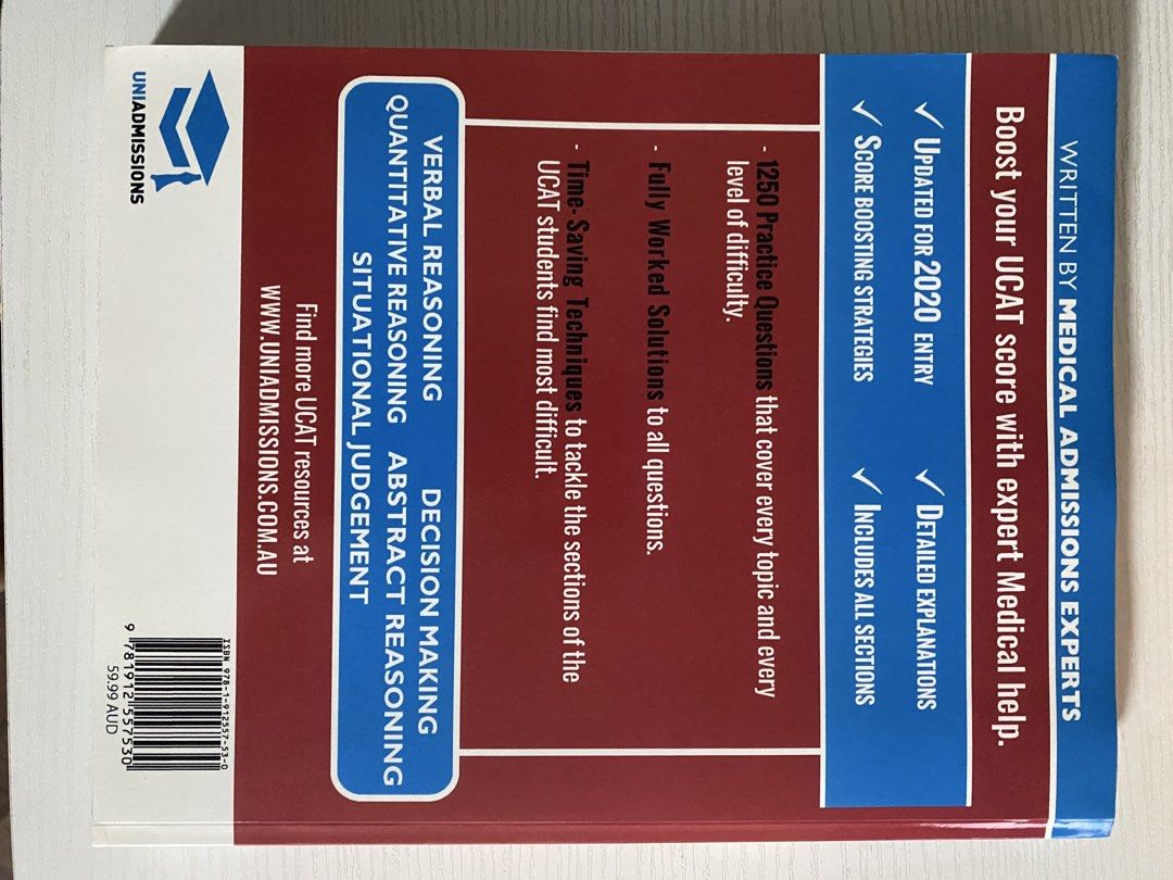 UniAdmissions 1250 UCAT 練習題 （分類：補充練習）位於 Hong Kong。 由 gsgs01 提交（商品編號 1431596843，圖片 2）。簡介： 這本《終極 UCAT 指南》包含 1250 道練習題，涵蓋所有 UCAT 考試部分。由醫生撰寫，提供時間管理技巧和專家建議，幫助您掌握每個部分。包含詳細的解釋和分數提升策略，專為 2020 年入學而更新。涵蓋 Verbal Reasoning, Quantitative Reasoning, Decision Making, Abstract Reasoning, Situational Judgement。。