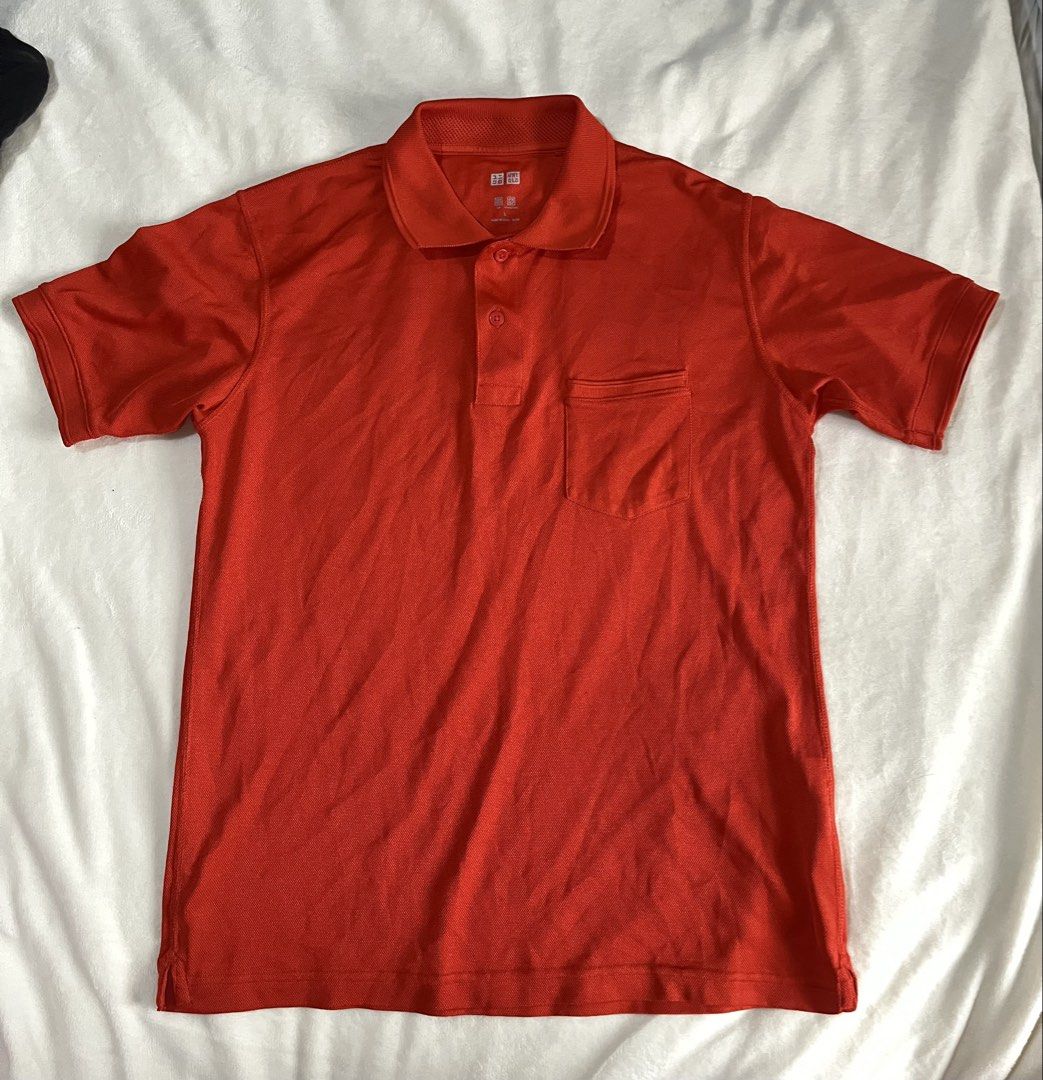 Uniqlo Red Polo Shirt (Category: Tshirts & Polo Shirts ) located in Mandaluyong City. Submitted by mandmclosey_ (Listing ID 1431661288, Image 1). Description: - Uniqlo Polo Shirt - Vibrant red color - Size: L - Features: - Classic polo collar - Chest pocket - Short sleeves - Button-up placket - Measurements: - Length: 16 inches - Width: 19 inches - Sleeve Hole: 6 inches - Versatile for casual wear. - never been worn!! Loc: Mandaluyong City Mode o