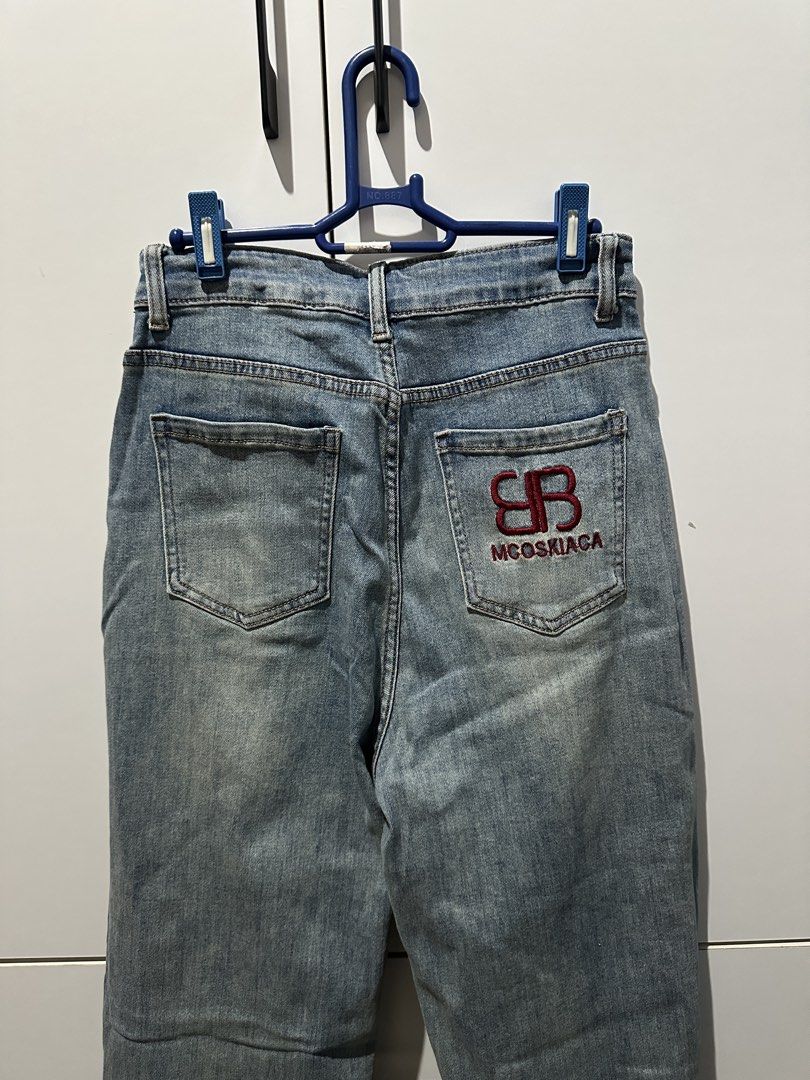 vintage wide-leg denim pants (Category: Jeans) located in Santa Rosa. Submitted by ciacloset (Listing ID 1431689515, Image 3). Description: size 27 (medida) 27-28 waistline never been used 🩵 really nice color in person - High-waisted - Straight leg - Button closure - Front pockets - Embroidered logo - Raw cut hem msg me for other measurements ! 📍 laguna, ph note: SF will be shouldered by the buyer.