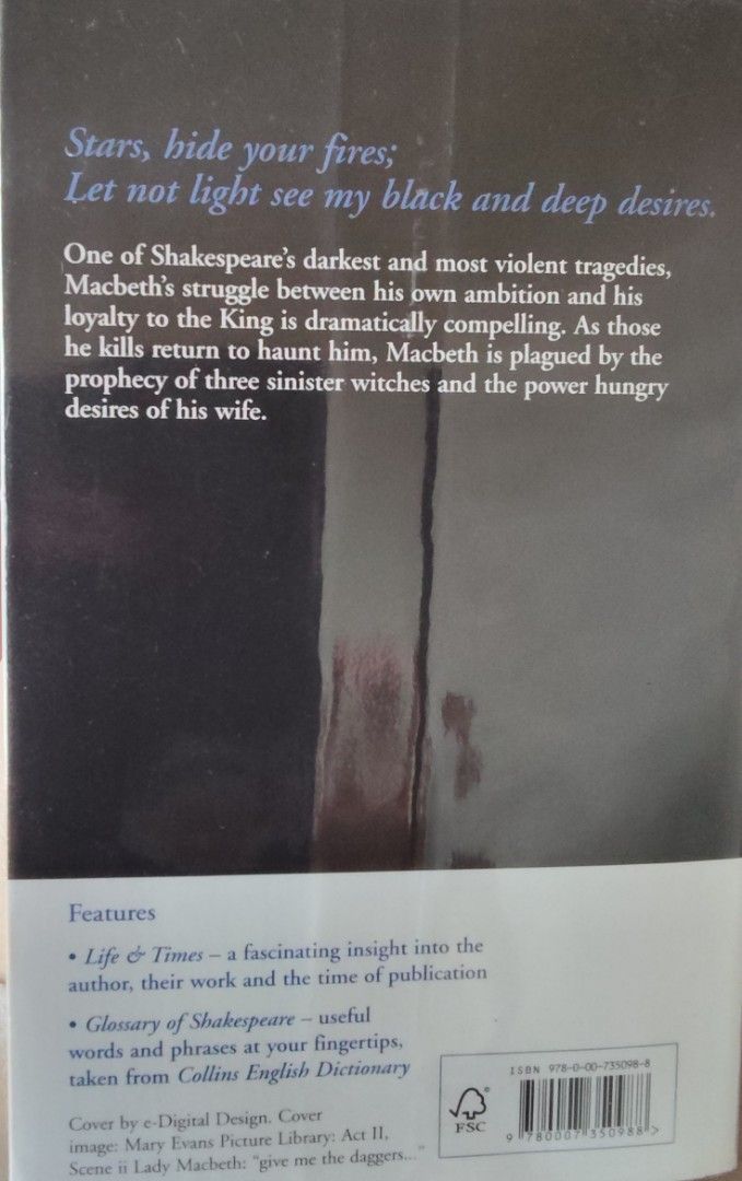 William Shakespeare Macbeth Collins Classics (Category: Storybooks) located in Caloocan City. Submitted by cleanup_clutter (Listing ID 1431658479, Image 2). Description: - Collins Classics edition of Macbeth by William Shakespeare - Features a cover image - Includes 'Life & Times' section - Contains a glossary of Shakespearean terms - Back cover summary details the plot, Macbeth's ambition, and the witches' prophecy.