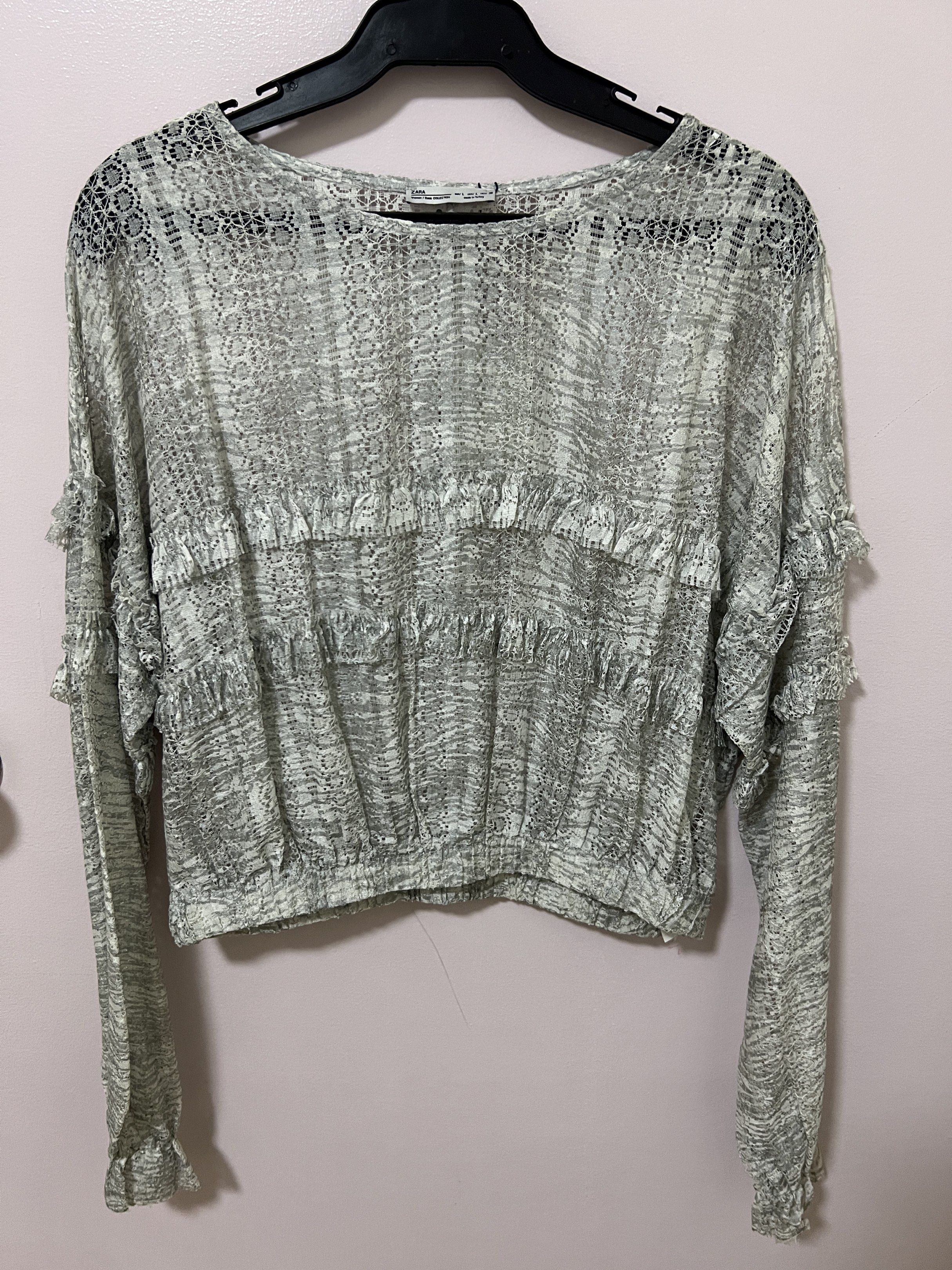 Zara - See through cover up (Category: Sleeveless) located in Quezon City. Submitted by rheisells_ (Listing ID 1431699218, Image 1). Description: - Long sleeves - Ruffle detailing - Cropped fit .