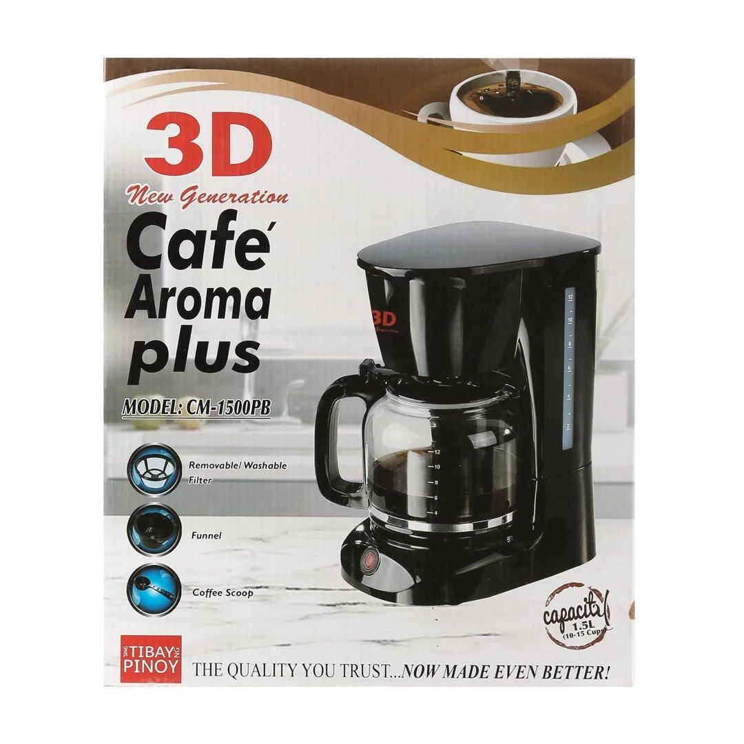 3D Cafe Aroma Plus Coffee Maker CM-1500PB - 1.5L (Category: Coffee Machines & Makers) located in Manila. Submitted by sherotoninmd (Listing ID 1431844392, Image 1). Description: - 3D Cafe Aroma Plus CM-1500PB Coffee Maker - 1.5L capacity (10-15 cups) - Removable and washable filter - Overheating protection - Water level indicator - 230V, 900W - Includes coffee scoop -Brandnew, sealed. given as a gift.