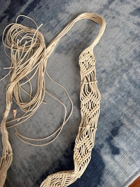 90s Cream Off White Handmade Macrame Rope Belt (Category: Belts) located in Quezon City. Submitted by decluttering_alot (Listing ID 1431886064, Image 2). Description: - Handmade macrame belt - Color: Off-white - Features a woven design - Intricate knotting details - Long strap for tying and adjustable fit - Stylish and unique accessory RFS: closet cleanup.
