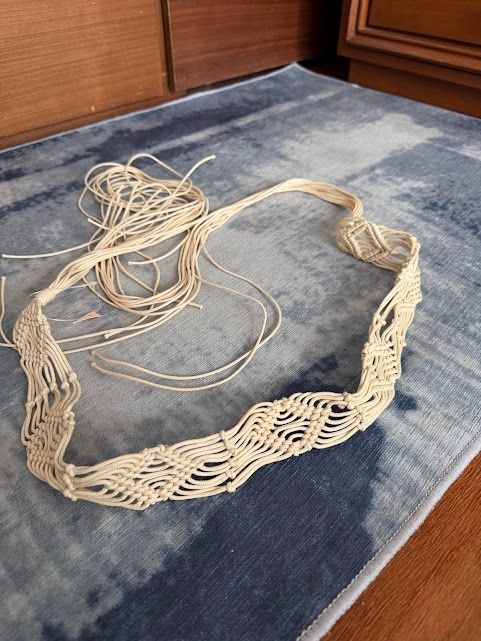 90s Cream Off White Handmade Macrame Rope Belt (Category: Belts) located in Quezon City. Submitted by decluttering_alot (Listing ID 1431886064, Image 1). Description: - Handmade macrame belt - Color: Off-white - Features a woven design - Intricate knotting details - Long strap for tying and adjustable fit - Stylish and unique accessory RFS: closet cleanup.