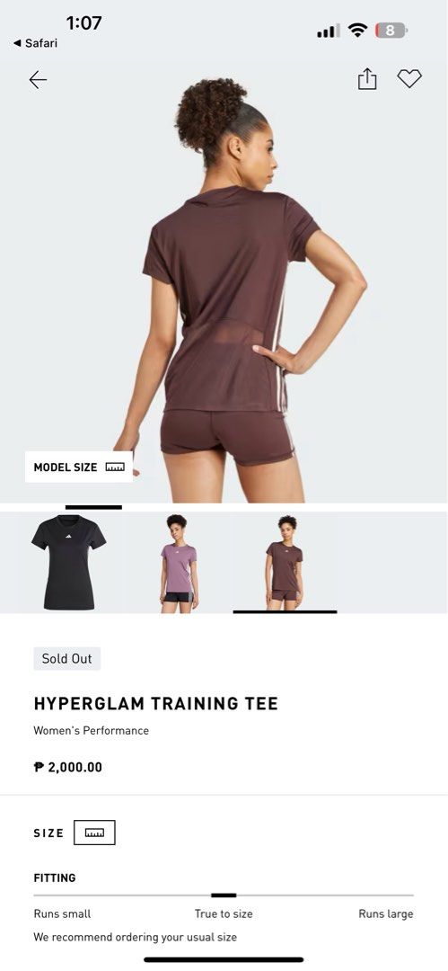 Adidas Hyperglam Training Tee (Category: Activewear) located in Quezon City. Submitted by chiill (Listing ID 1431842007, Image 3). Description: - Adidas Hyperglam Training Tee - Brown color - Adidas logo on chest - slim fit -once lang po nagamit .