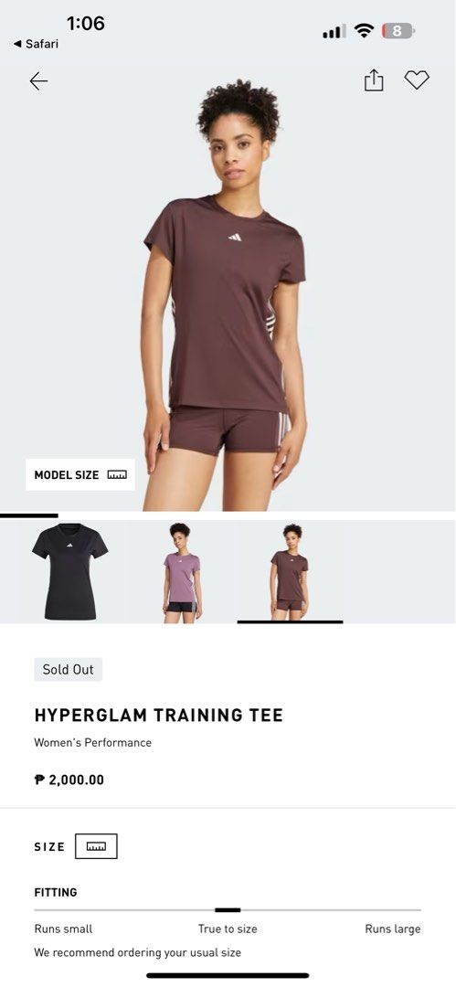 Adidas Hyperglam Training Tee (Category: Activewear) located in Quezon City. Submitted by chiill (Listing ID 1431842007, Image 2). Description: - Adidas Hyperglam Training Tee - Brown color - Adidas logo on chest - slim fit -once lang po nagamit .