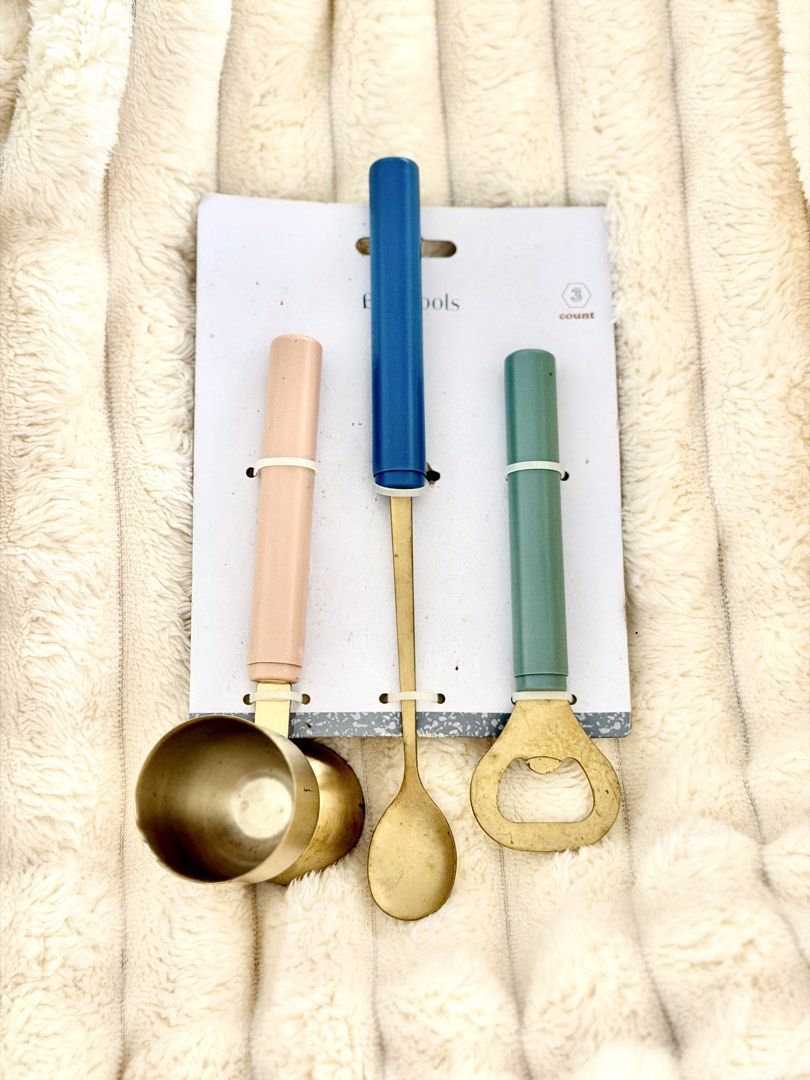 Aesthetic Bar Tools Set (Pastel) (Category: Construction Tools & Equipment) located in Manila. Submitted by seejulia868071 (Listing ID 1431852606, Image 2). Description: - 3-piece bar tool set - bought from 🇺🇸 USA - Includes: double jigger, bar spoon, and bottle opener - Elegant gold finish - Features colorful handles - Ideal for home cocktail mixing.