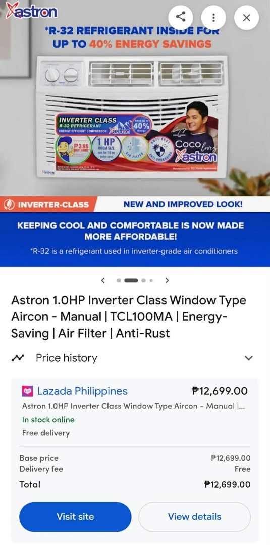Astron 1.0HP Inverter Class Window Type Aircon (Category: Air Conditioning and Heating) located in Manila. Submitted by greenteafr36676 (Listing ID 1431968665, Image 3). Description: - Astron 1.0HP Inverter Window Type Aircon - Energy-efficient with R32 refrigerant - Energy Efficiency Ratio: 9.9 - Power Consumption: 1200W - Includes air filter - Anti-rust - Manual model: TCL100MA.