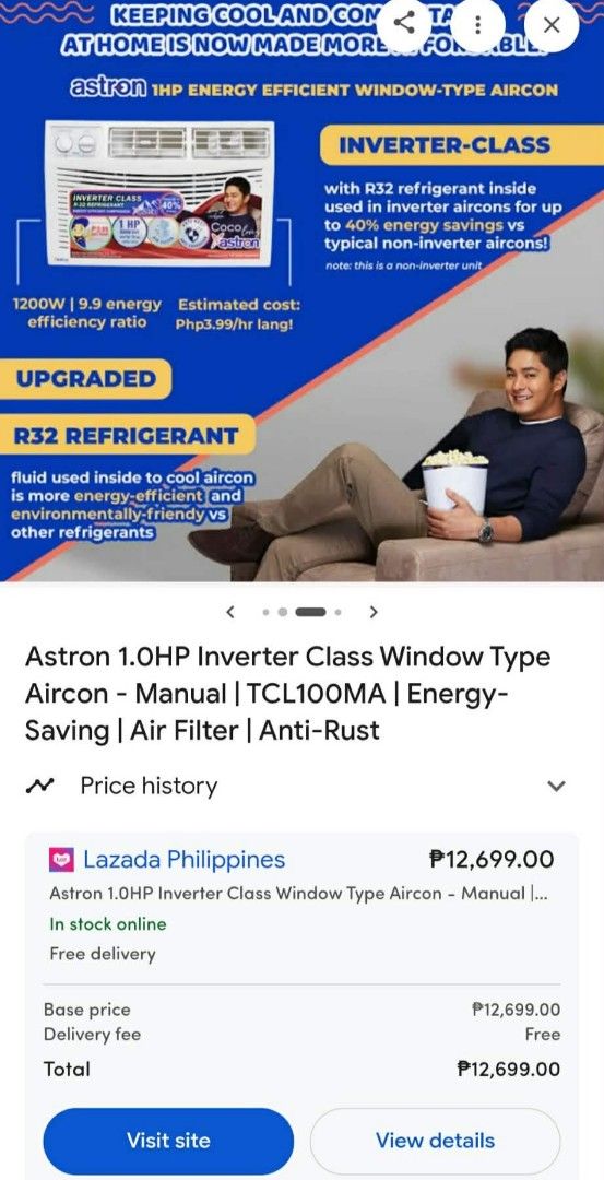 Astron 1.0HP Inverter Class Window Type Aircon (Category: Air Conditioning and Heating) located in Manila. Submitted by greenteafr36676 (Listing ID 1431968665, Image 2). Description: - Astron 1.0HP Inverter Window Type Aircon - Energy-efficient with R32 refrigerant - Energy Efficiency Ratio: 9.9 - Power Consumption: 1200W - Includes air filter - Anti-rust - Manual model: TCL100MA.