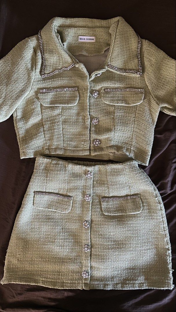Bedazzled Tweed Terno Set (Category: Skirts) located in Paranaque City. Submitted by eckadcms (Listing ID 1431868869, Image 1). Description: Bought it in Thailand last 2024 — only used once ** Color may vary due to lightning —— Apple green color in actual ** Check the last two photos for the flaw Top - 32 - 34” Best fit 23 - 26 “ waist Strechable bottom, has a short inside & zipper on the side Delivery via grab, lalamove or J&T ( for cheaper opti