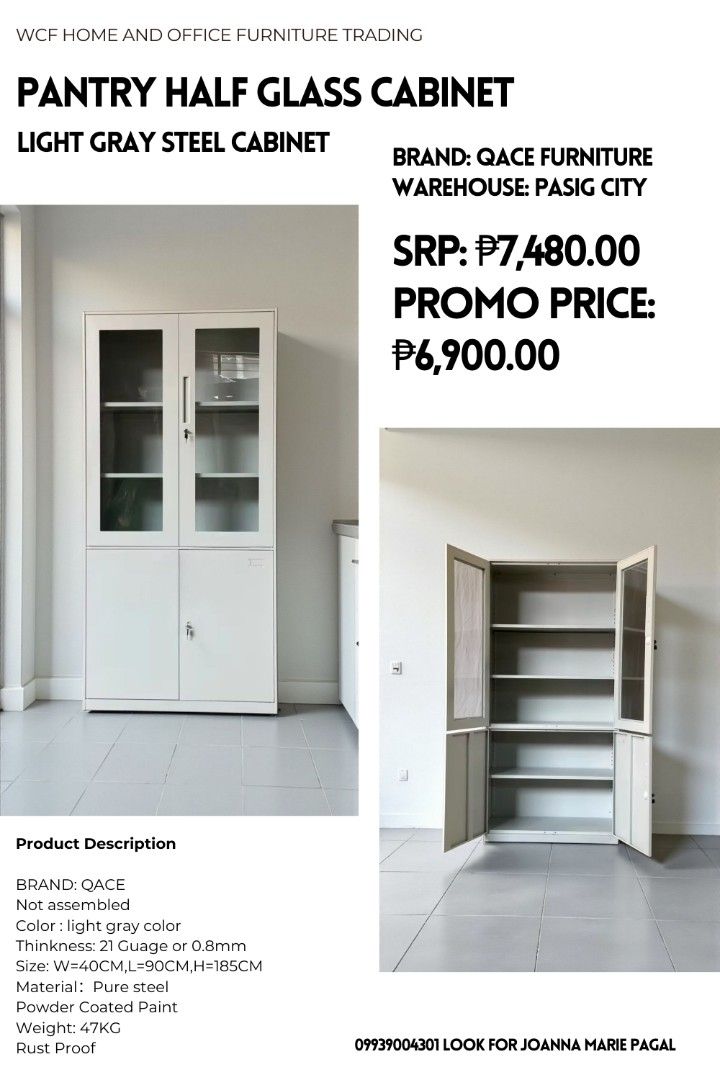 BODEGA PRICE HALF GLASS SWING STEEL CABINET (Category: Shelves, Cabinets & Racks) located in Quezon City. Submitted by wcfhomeandoffice (Listing ID 1431858479, Image 1). Description: Guaranteed Lowest Price in the market. 👌💯 WAREHOUSE LOCATION: PASIG CITY (NO SHOWROOM PURE WAREHOUSE ONLY) ‎ ‎● Same Day Delivery via Lalamove or Transportify ‎● Great Discount for Bulk Orders 10 units above ‎ ‎For orders & further assistance hit 📨 ‎Look for Joann