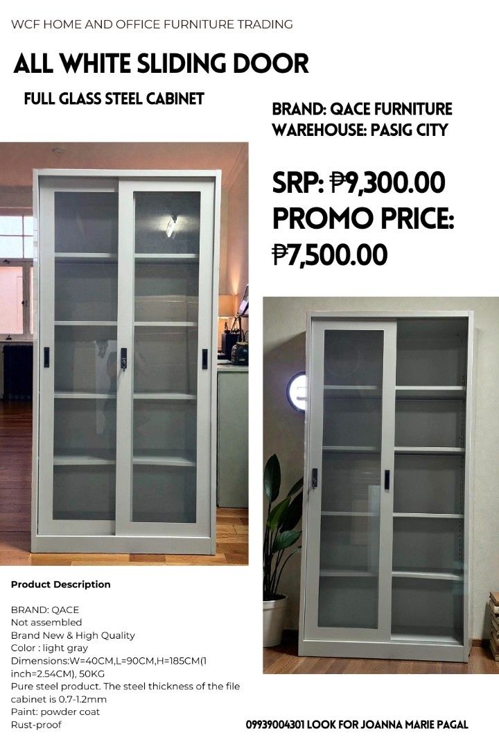 BODEGA PRICE SLIDING FULL GLASS STEEL CABINET (Category: Shelves, Cabinets & Racks) located in Quezon City. Submitted by wcfhomeandoffice (Listing ID 1431857787, Image 1). Description: Guaranteed Lowest Price in the market. 👌💯 WAREHOUSE LOCATION: PASIG CITY (NO SHOWROOM PURE WAREHOUSE ONLY) ‎ ‎● Same Day Delivery via Lalamove or Transportify ‎● Great Discount for Bulk Orders 10 units above ‎ ‎For orders & further assistance hit 📨 ‎Look for Joa