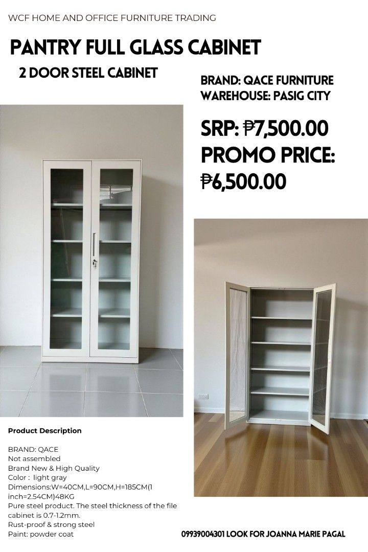 BODEGA PRICE SWING DOOR FULL GLASS STEEL CABINET (Category: Shelves, Cabinets & Racks) located in Quezon City. Submitted by wcfhomeandoffice (Listing ID 1431858037, Image 1). Description: Guaranteed Lowest Price in the market. 👌💯 WAREHOUSE LOCATION: PASIG CITY (NO SHOWROOM PURE WAREHOUSE ONLY) ‎ ‎● Same Day Delivery via Lalamove or Transportify ‎● Great Discount for Bulk Orders 10 units above ‎ ‎For orders & further assistance hit 📨 ‎Look for 