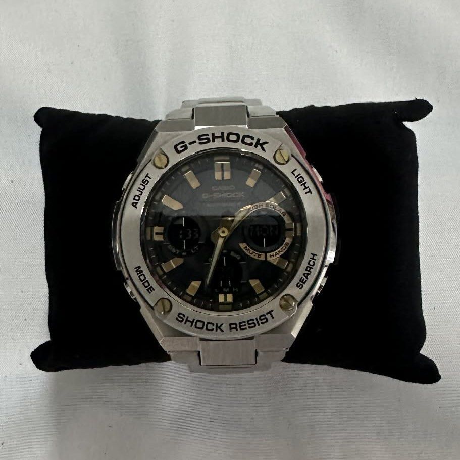 Casio G-Shock GST-W110D Solar Watch (Category: Men's Watches) located in Paranaque City. Submitted by carmina_m (Listing ID 1431849362, Image 1). Description: G-Shock watch with stainless steel band and black dial. Features mode, adjust, light, and search buttons. Includes original box, manual, extra links, and solar charging. Model: 5444/5524 JA. No issue.