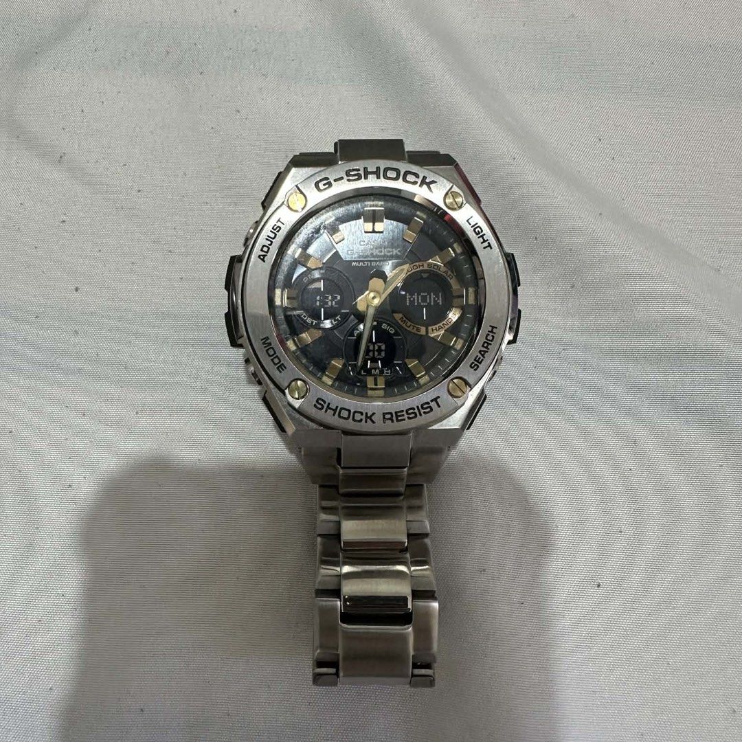 Casio G-Shock GST-W110D Solar Watch (Category: Men's Watches) located in Paranaque City. Submitted by carmina_m (Listing ID 1431849362, Image 2). Description: G-Shock watch with stainless steel band and black dial. Features mode, adjust, light, and search buttons. Includes original box, manual, extra links, and solar charging. Model: 5444/5524 JA. No issue.