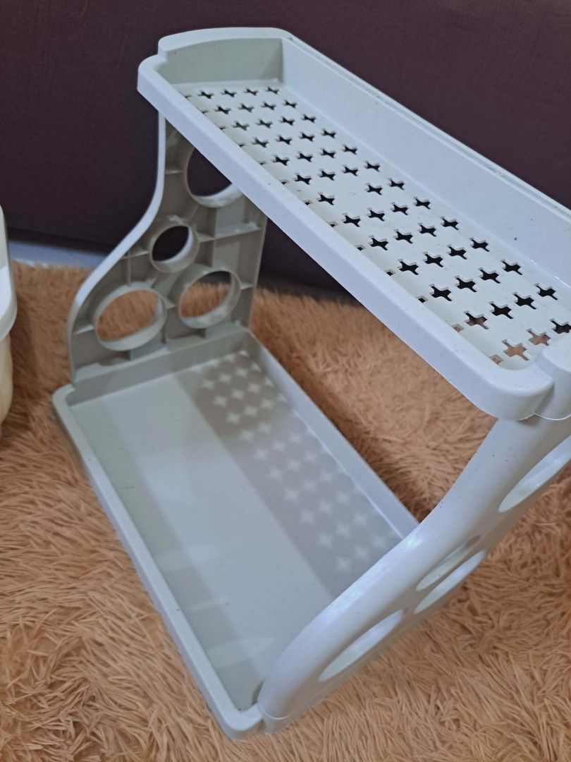 Cream Dish Rack with Cover and Spice Rack (Category: Food Organization & Storage) located in Manila. Submitted by zackyy_19 (Listing ID 1431888075, Image 3). Description: Set includes a cream-colored dish rack with a transparent cover and a separate spice rack. The dish rack features a detachable design, ventilation holes, and a draining tray. It is made of PP plastic and can fit up to 8-inch plates. The spice rack is a two-tiered design, perfect