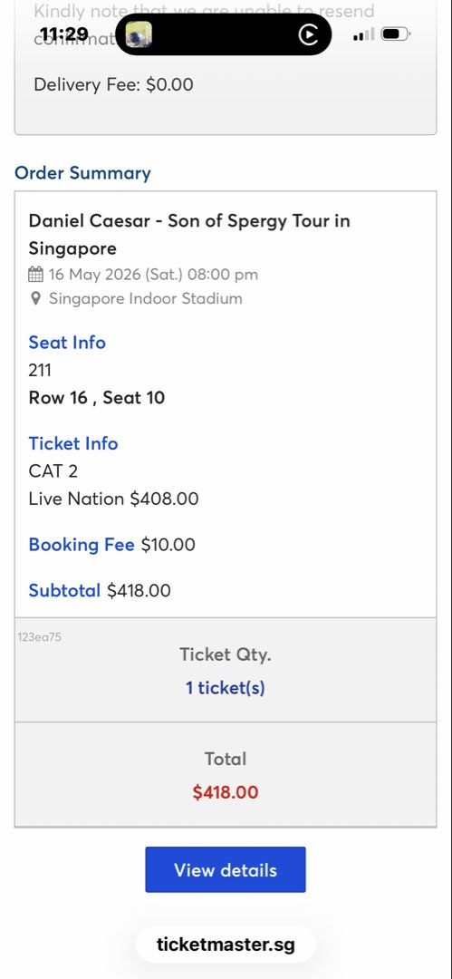 Daniel Caesar (Category: Event Tickets) located in Singapore. Submitted by wabes23 (Listing ID 1431853217, Image 1). Description: One ticket for sale at cost price. Can provide all proof of purchase please DM me. Bought one ticket too many so need to sell it..