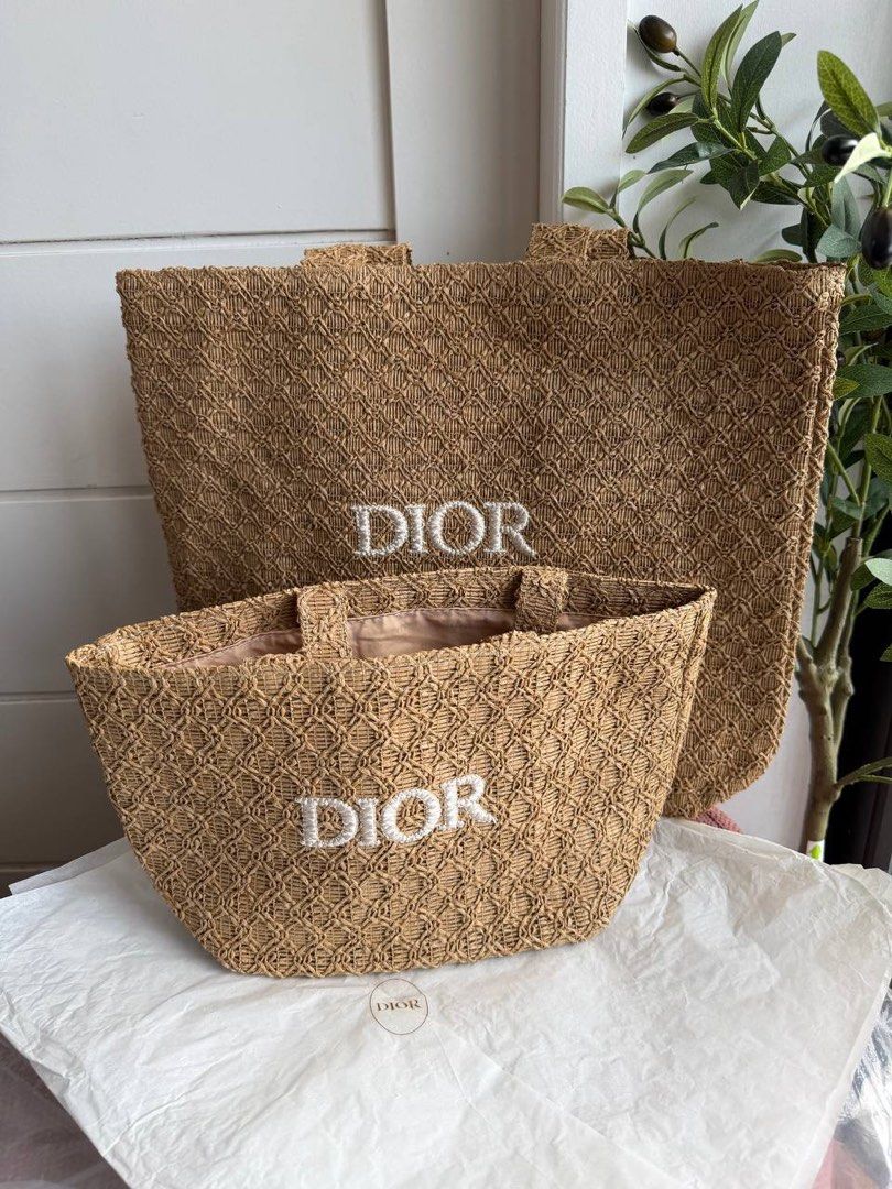 Dior Raffia Tote (Category: Luxury Bags & Wallets) located in Candelaria. Submitted by pinkykeenshop (Listing ID 1431924353, Image 1). Description: D|or Raffia Tote Large Tote - ₱1,800 Tote Size: 43 x 35 x 10 cm Small - ₱1,600 Measurements: 13 L, 8 H, 5 W Stylish and summery, this woven bag features Dior’s signature embroidered logo. 🌸 Lightweight yet spacious, with a waterproof interior to protect your items..
