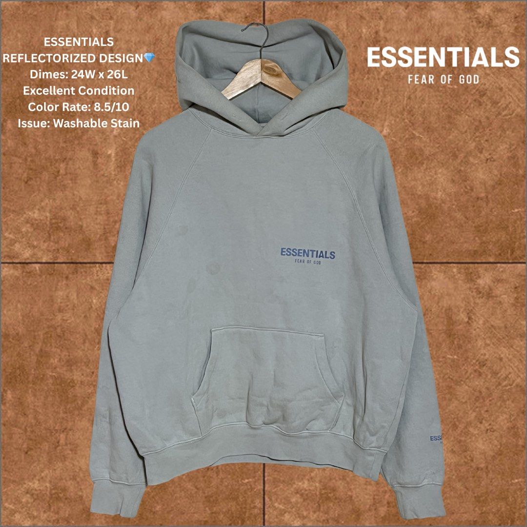 Essentials Fear of God Reflective Hoodie (Category: Hoodies) located in Bulacan. Submitted by stxkeng (Listing ID 1431984292, Image 1). Description: - Essentials Fear of God hoodie - Reflective design - Front pocket - Essentials logo on chest - Color rating: 8.5/10 - Washable stain present - Dimensions: 24W x 26L.