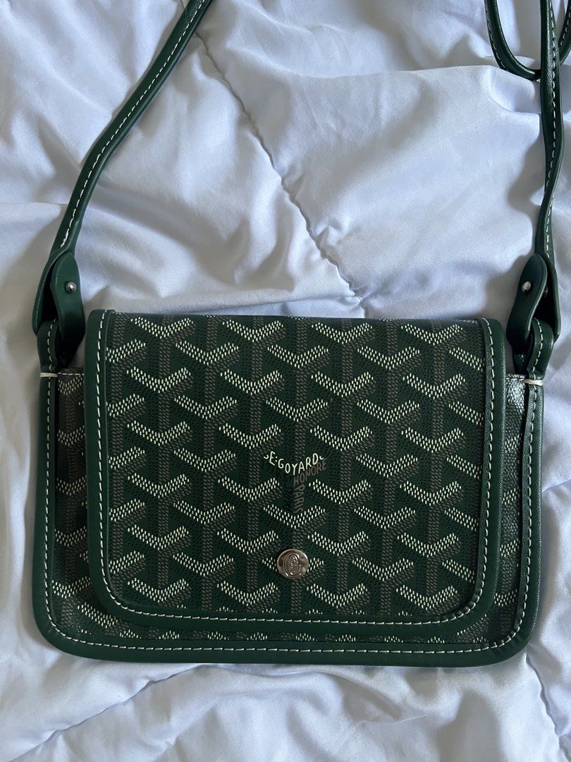 Goyard Plumet Pocket Sling- Green (Category: Luxury Bags & Wallets) located in Manila. Submitted by shop_tiludrop (Listing ID 1431875209, Image 2). Description: Goyard Plumet Pocket Sling Bag - Color: Green - Exterior: Green and white Goyard Pattern - Closure: Flap with silver-tone button - Interior: Cream-colored Canvas with 2 pockets and one zipper pocket - Strap: Green strap Price: 8500 (Negotiable) Location: Bacoor, Cavite.